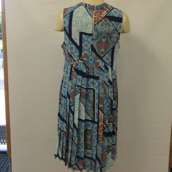 DR2 Daniel Rainn Blue Sleeveless Shift Geometric Patch Dress Size S Pleated Back - Picture 8 of 12
